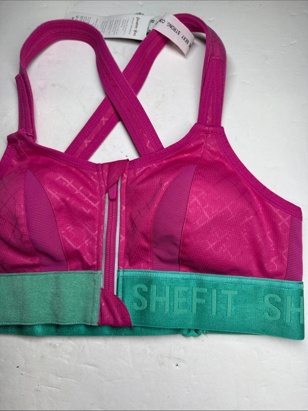 SHEFIT Bright Pink Sports Bra Teal Band S zip front new workout comfort support - Picture 8 of 9